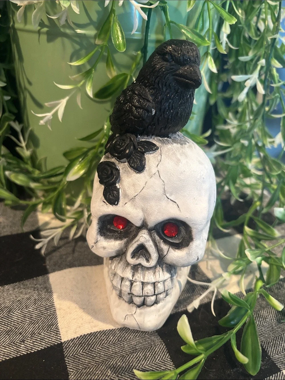 Decorative White Skull with Black Crow and Red Eyes - Home Accent